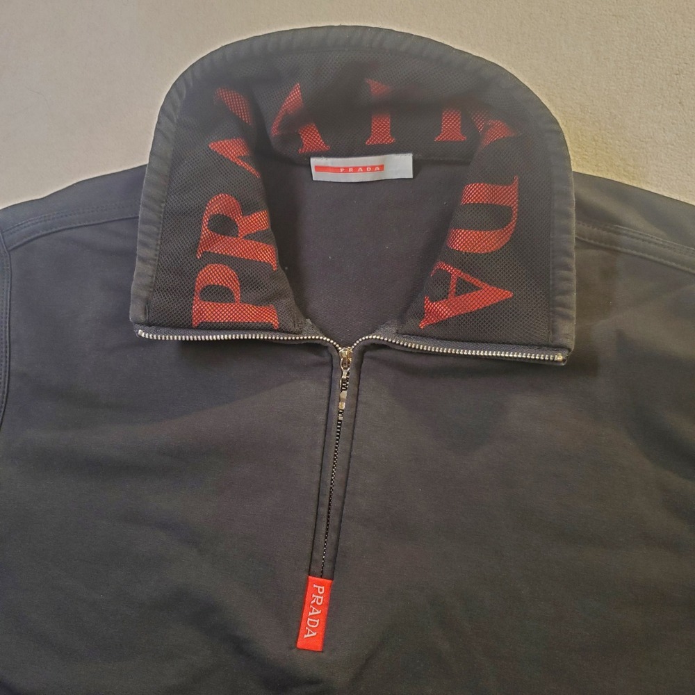 Prada Mens Quarter Zip Pullover Black Red Logo Mesh Collar Mock Neck Sweatshirt - Picture 12 of 16
